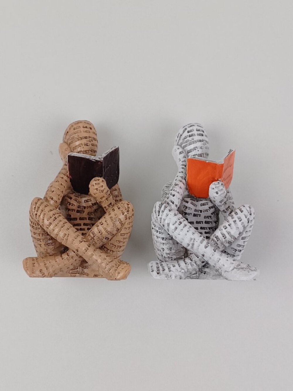2pc Reader Statue Set Brown White Man Reading Book Resin Decor